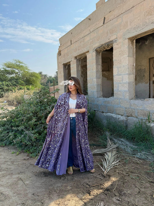 Cape Velvet Bisht-Purple x Embellishments