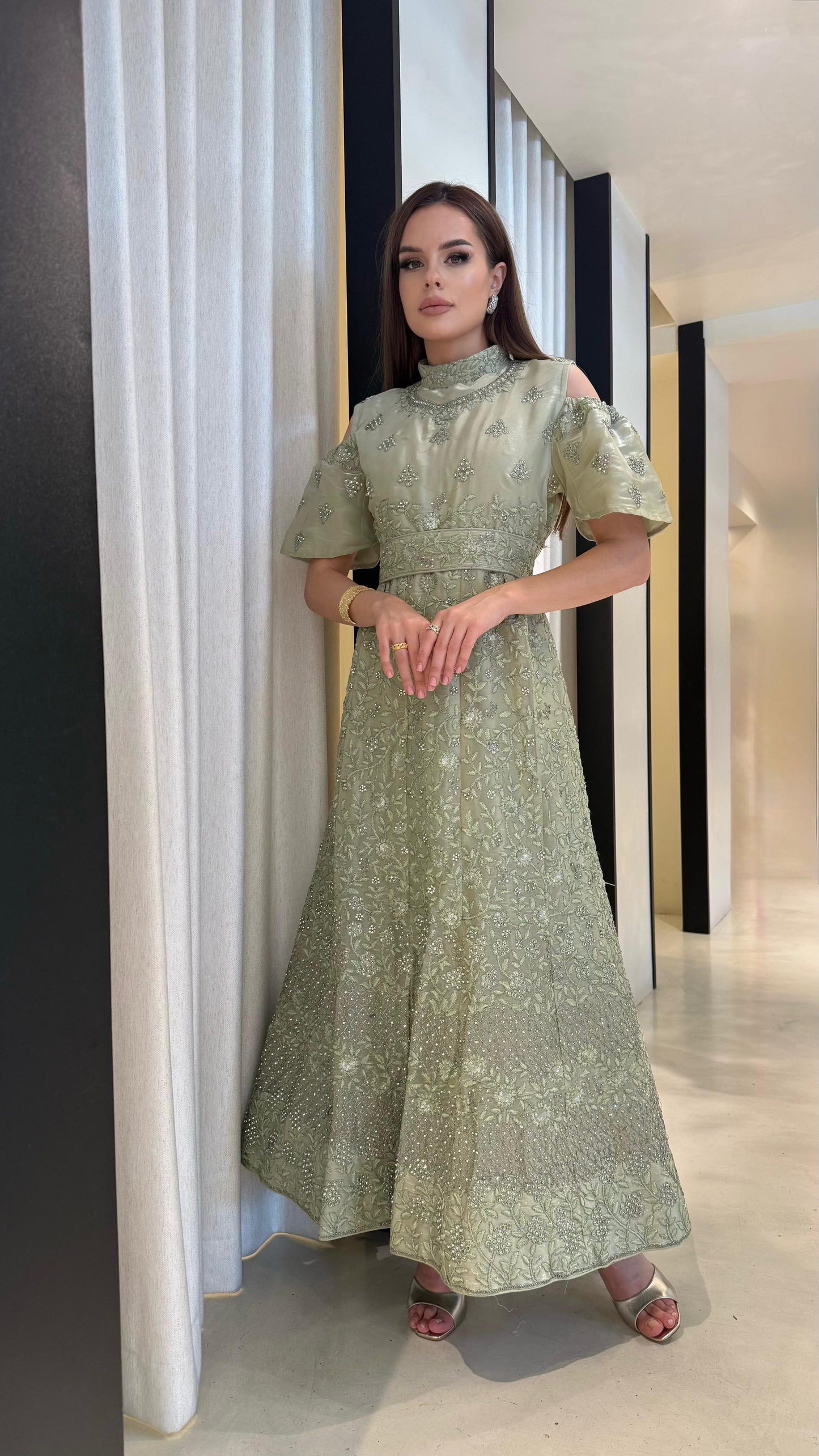 Off shoulders/ Double Layers Jelwa Dress- light mint