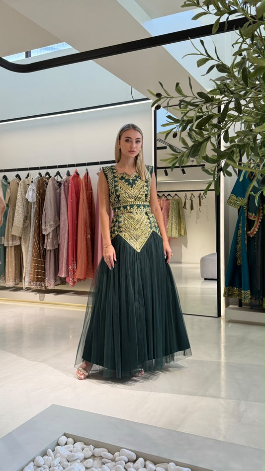 Nashel Jelwa Geometrical Dress X Tulle-Dark Green