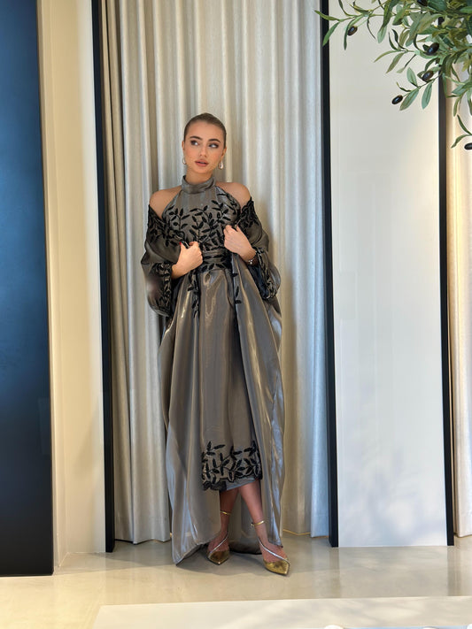 Jelwa Cape Kaftan - Grey x Black embellishments