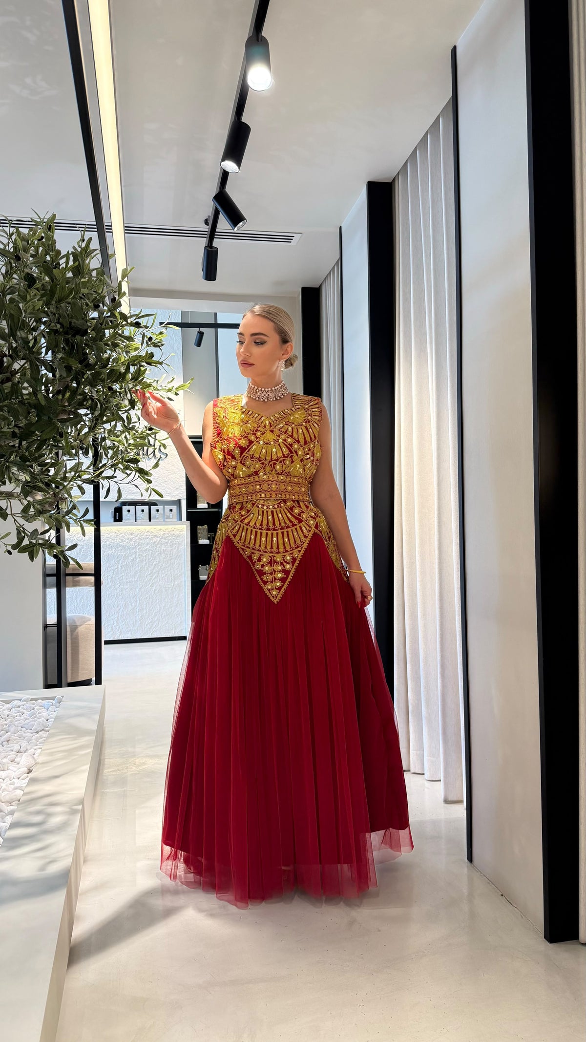 Nashel Jelwa Geometrical Dress X Tulle- Scarlet