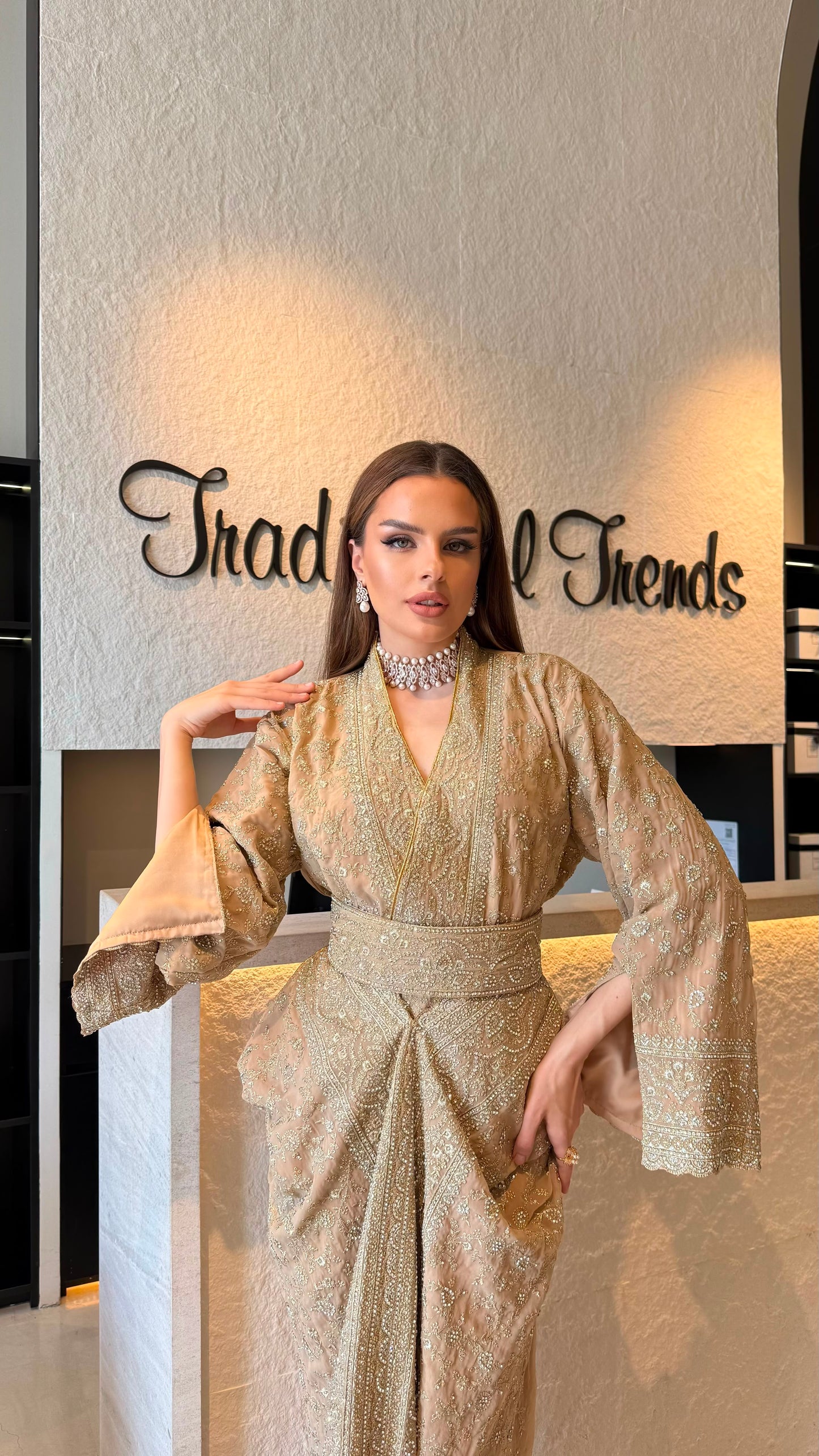 Draped long sleeve Jelwa Dress- Beige