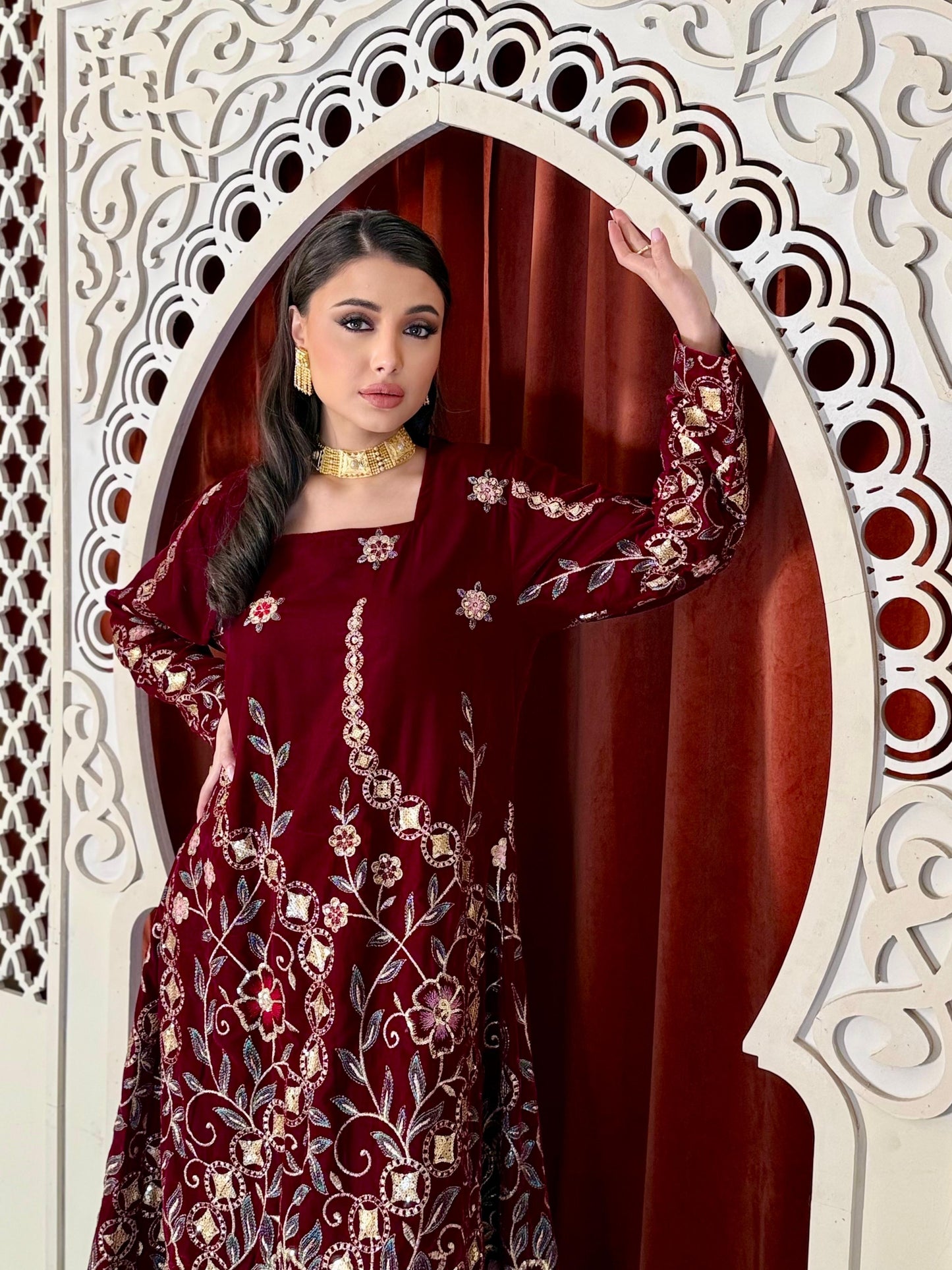 Flora Velvet flowy Kaftan  - Maroon