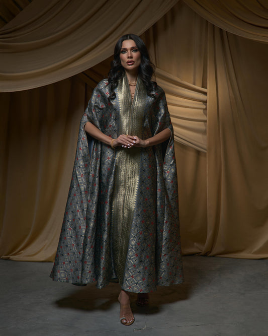 Cape Brocade Dress - Grey x Gold