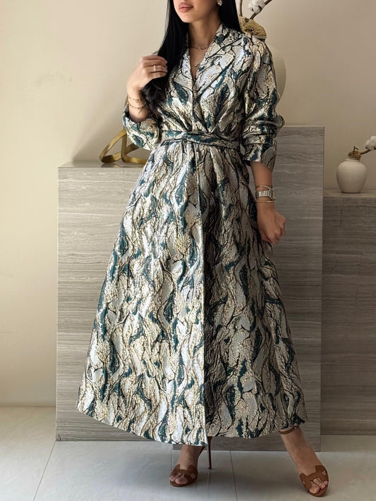 Brocade Trench Dress -Teal x Gold