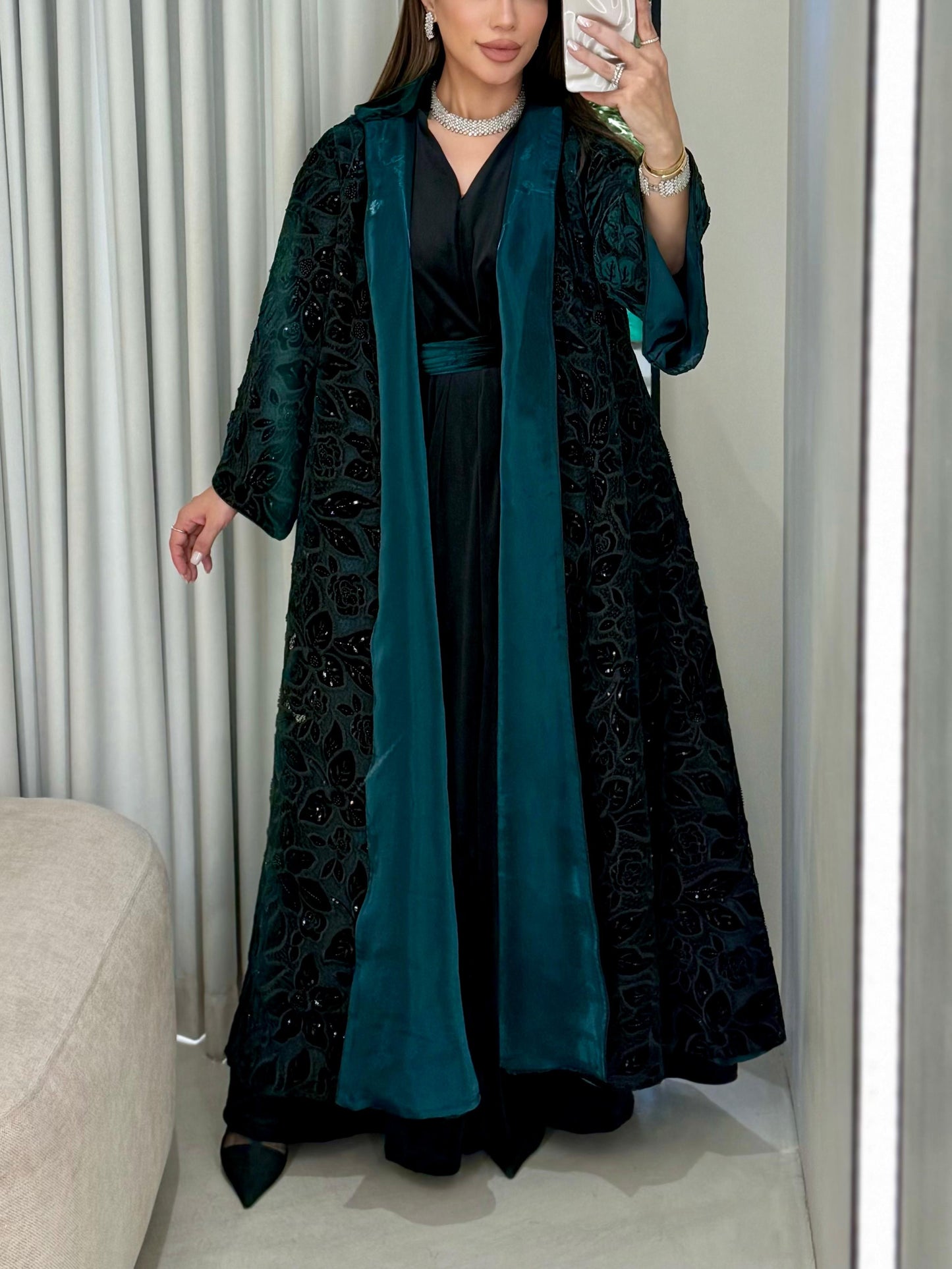 Velvet Bisht - Black x teal x cutouts & Embellishments