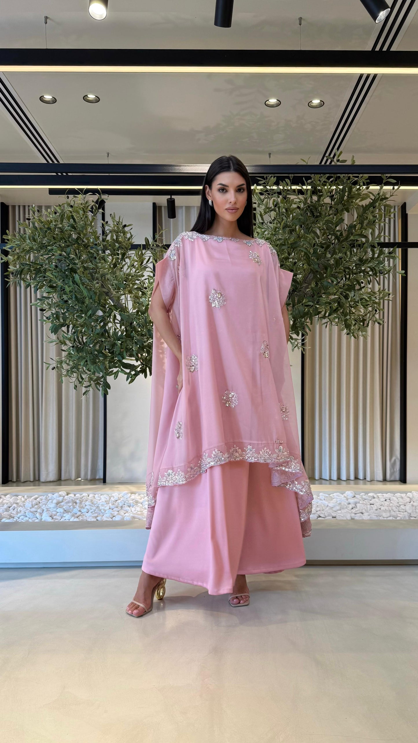 Double Layer Jelwa Kaftan- Powder Pink