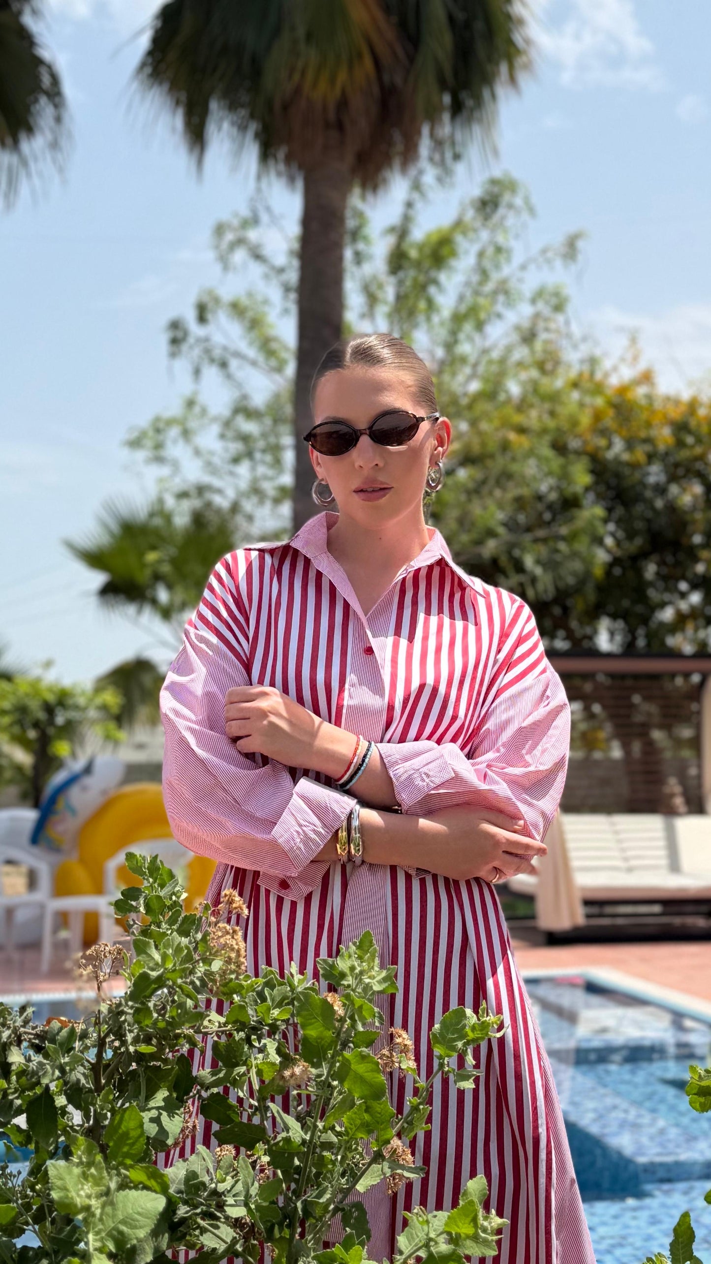 TT Summer Striped Shirt Dress-Red