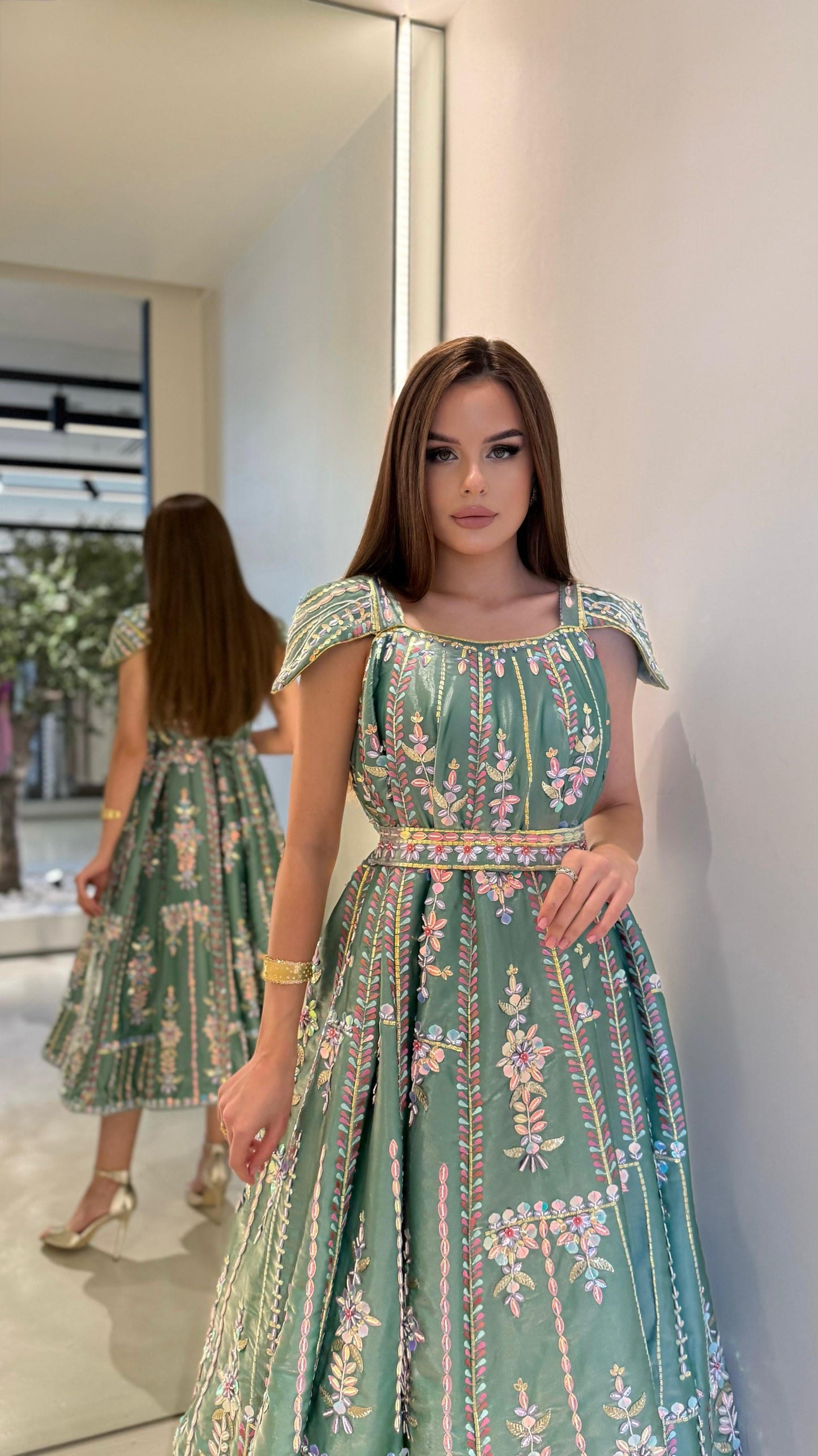 Midi fully embellished Jelwa Dress- mint x pink