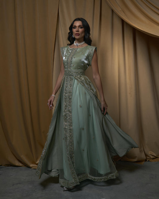 Short Sleeves Long Bridal Jelwa Dress- Mint
