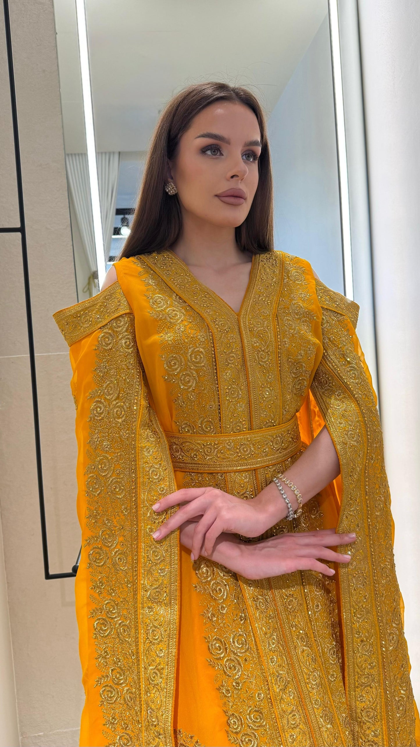 Jelwa Cutout Cape Sleeve Kaftan- Mustard