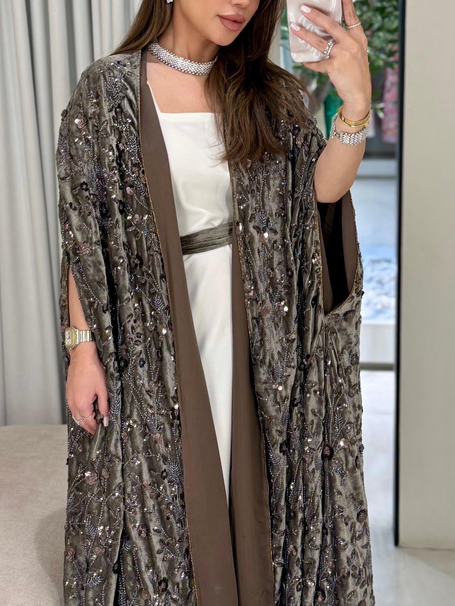 Cape Velvet Bisht-Mocha x Embellishments