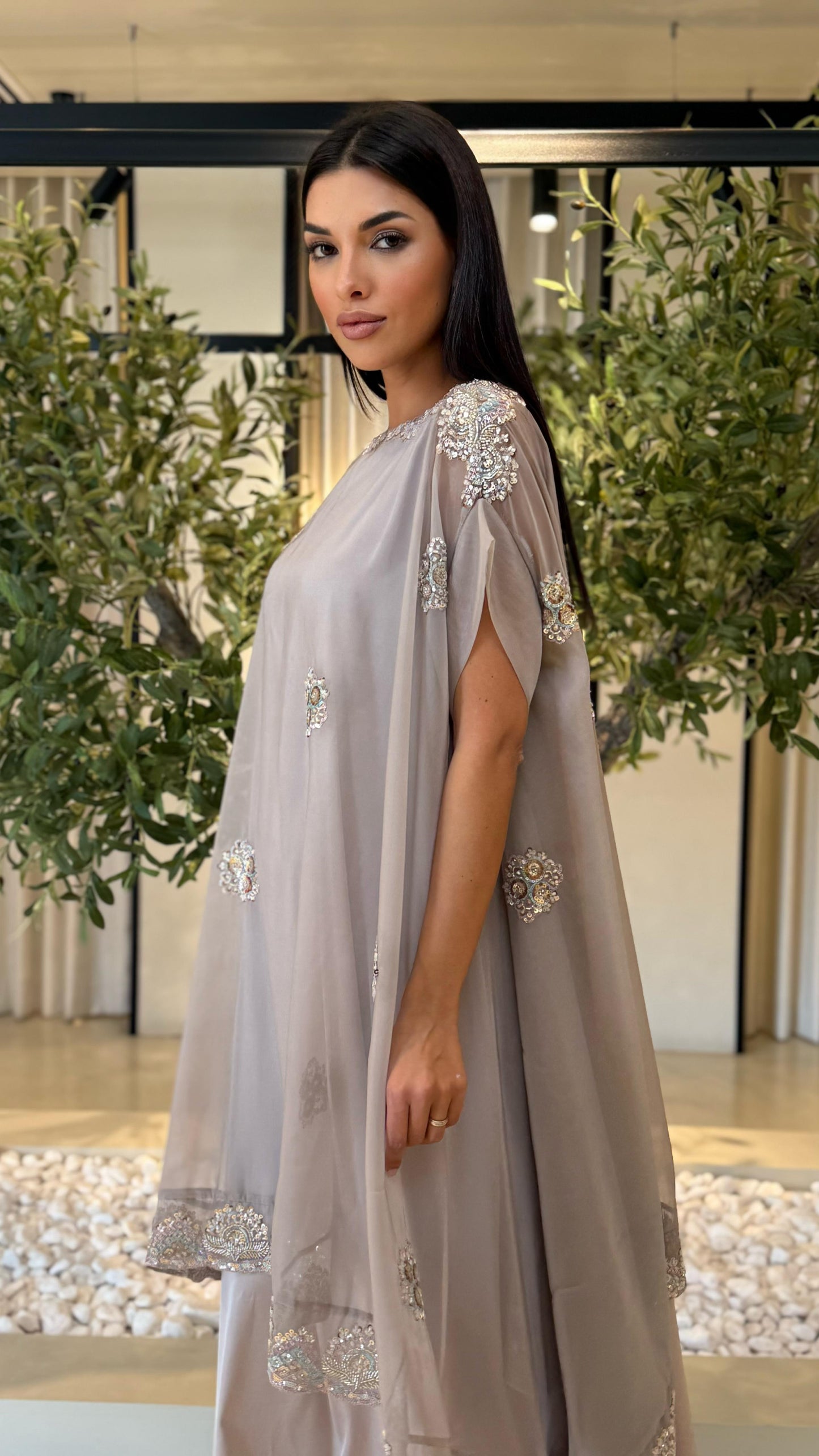 Double Layer Jelwa Kaftan- grey