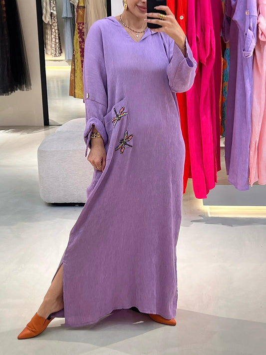 Casual Hoodie Kaftan - Dragonflies x Purple