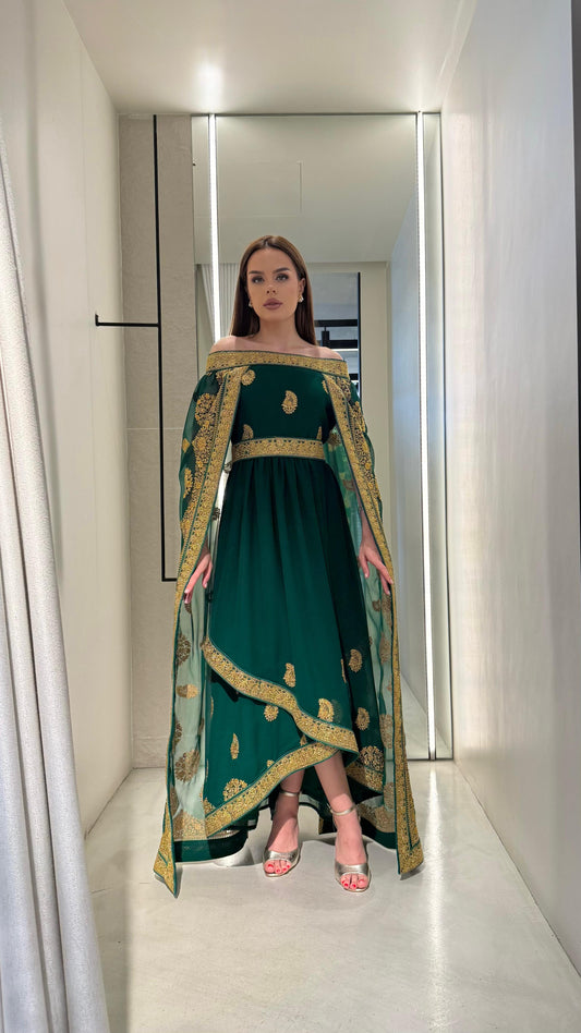 Jelwa Offshoulders Cape Sleeve Kaftan-Dark Green