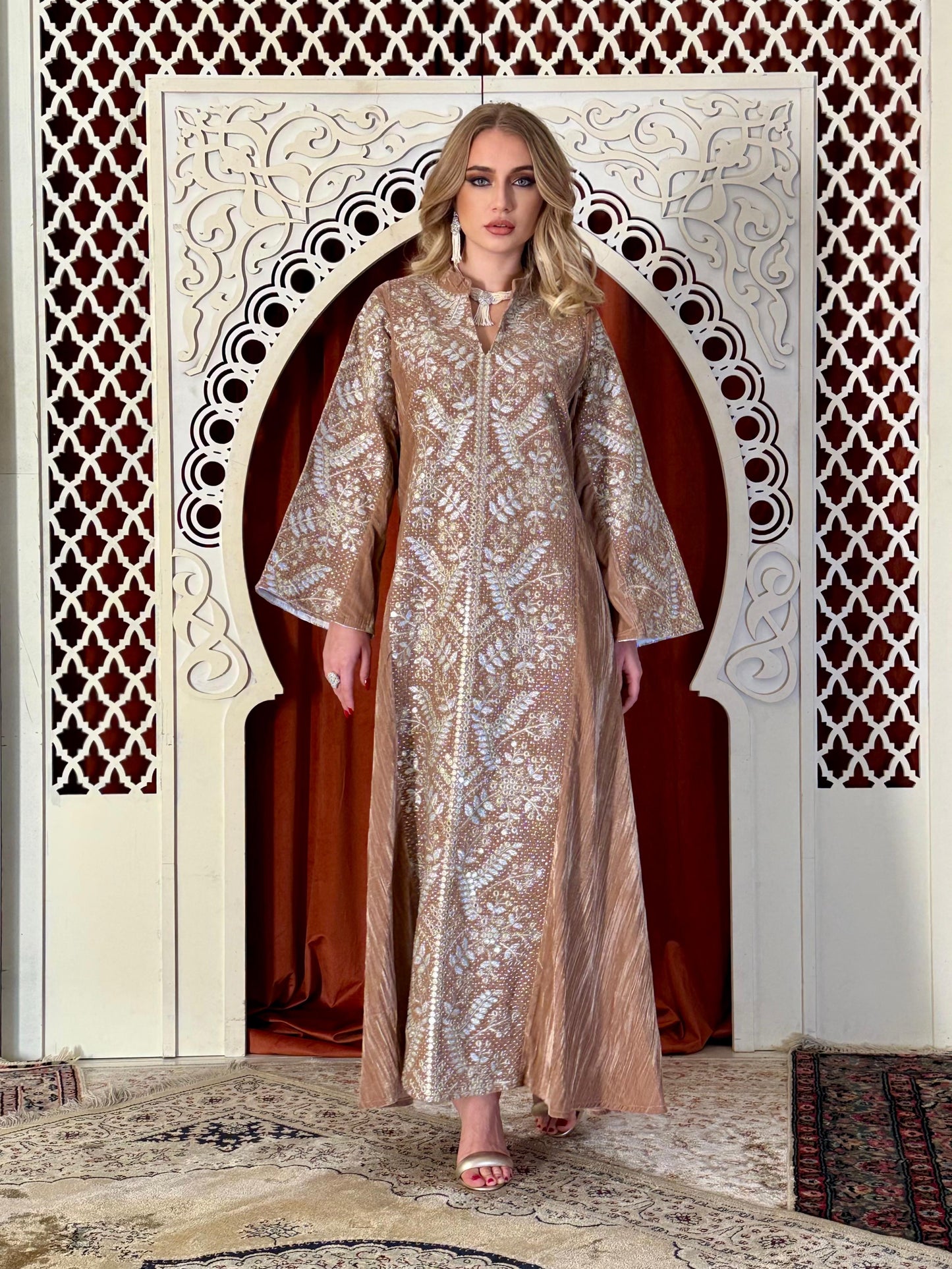 Velvet Embroidery Kaftan - caramel