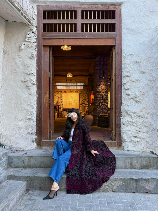 Velvet Bisht - Black x Maroon x cutouts & Embellishments