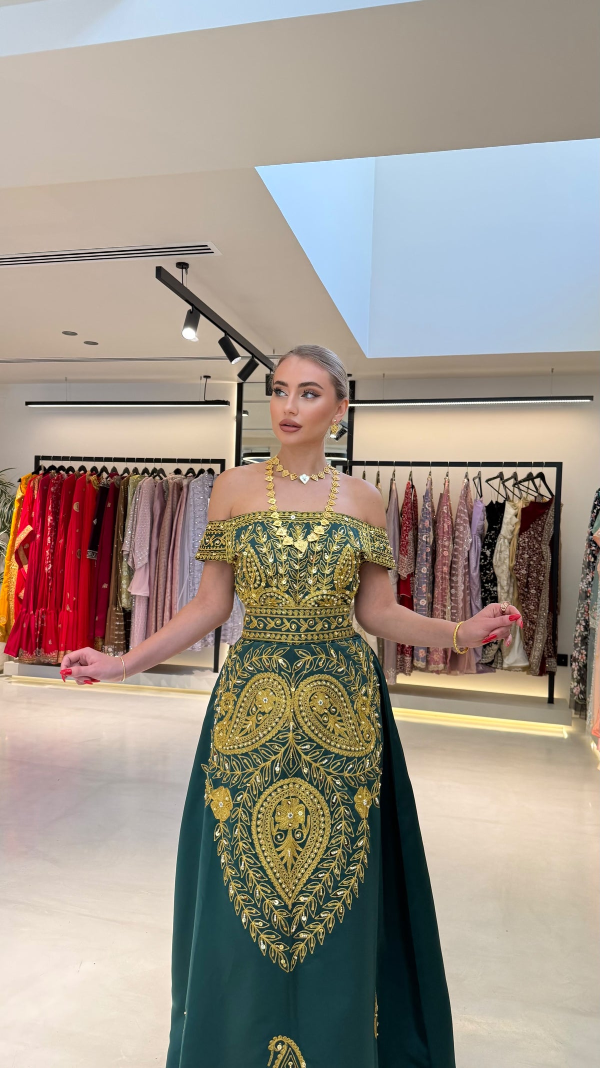 Nashel Bridal Jelwa Dress- offshoulders Green x Gold
