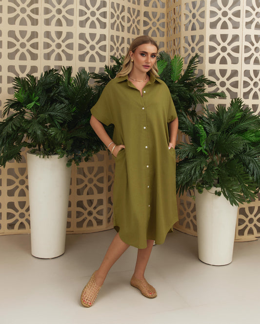 Basic Linen Shirt Dress-Olive