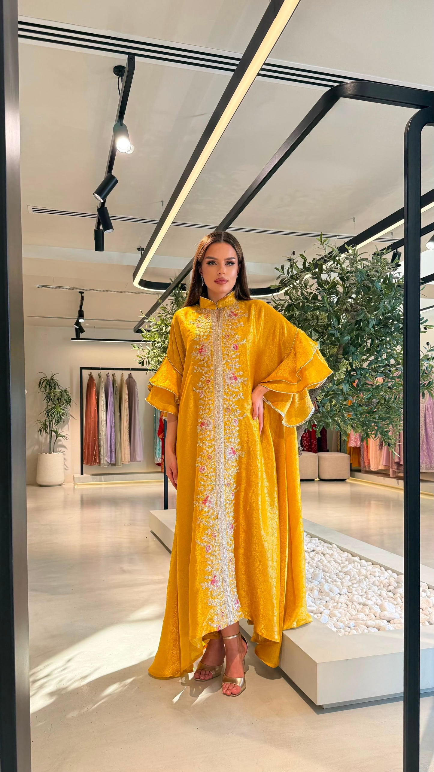 Ruffles Sleeves Jelwa kaftan -Mustard