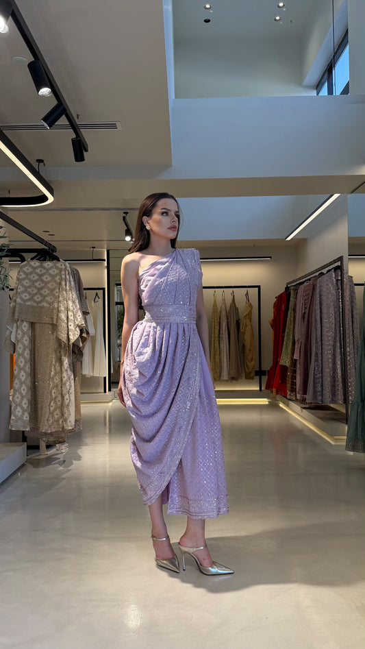 Draped one shoulder Jelwa Dress-Lavender