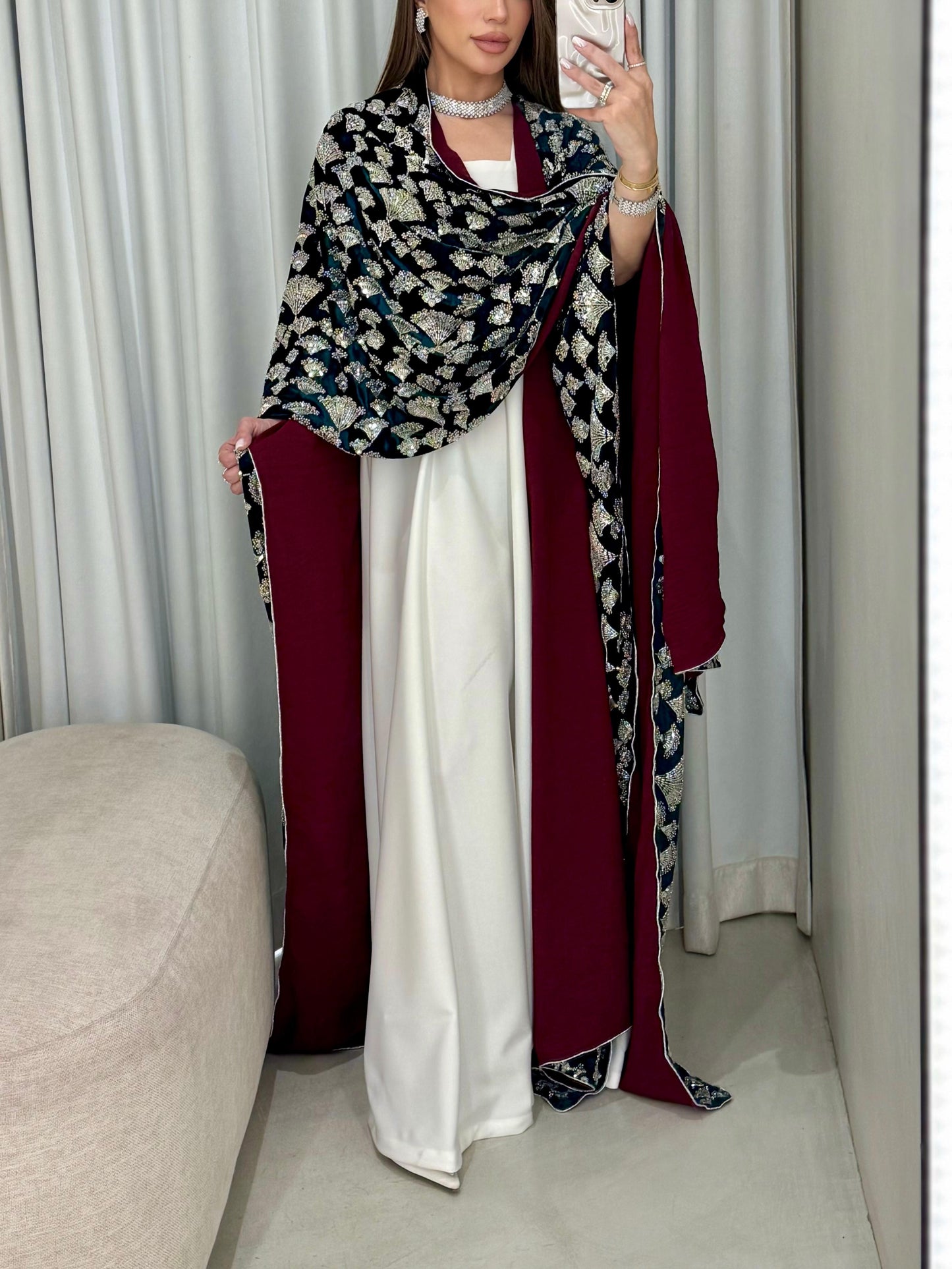 Velvet Poncho - Green x Maroon x silver Embellishments