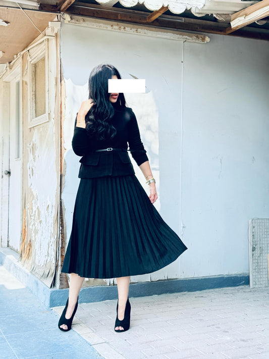 Winter Dress set - Midi x Vest x Belt -Black