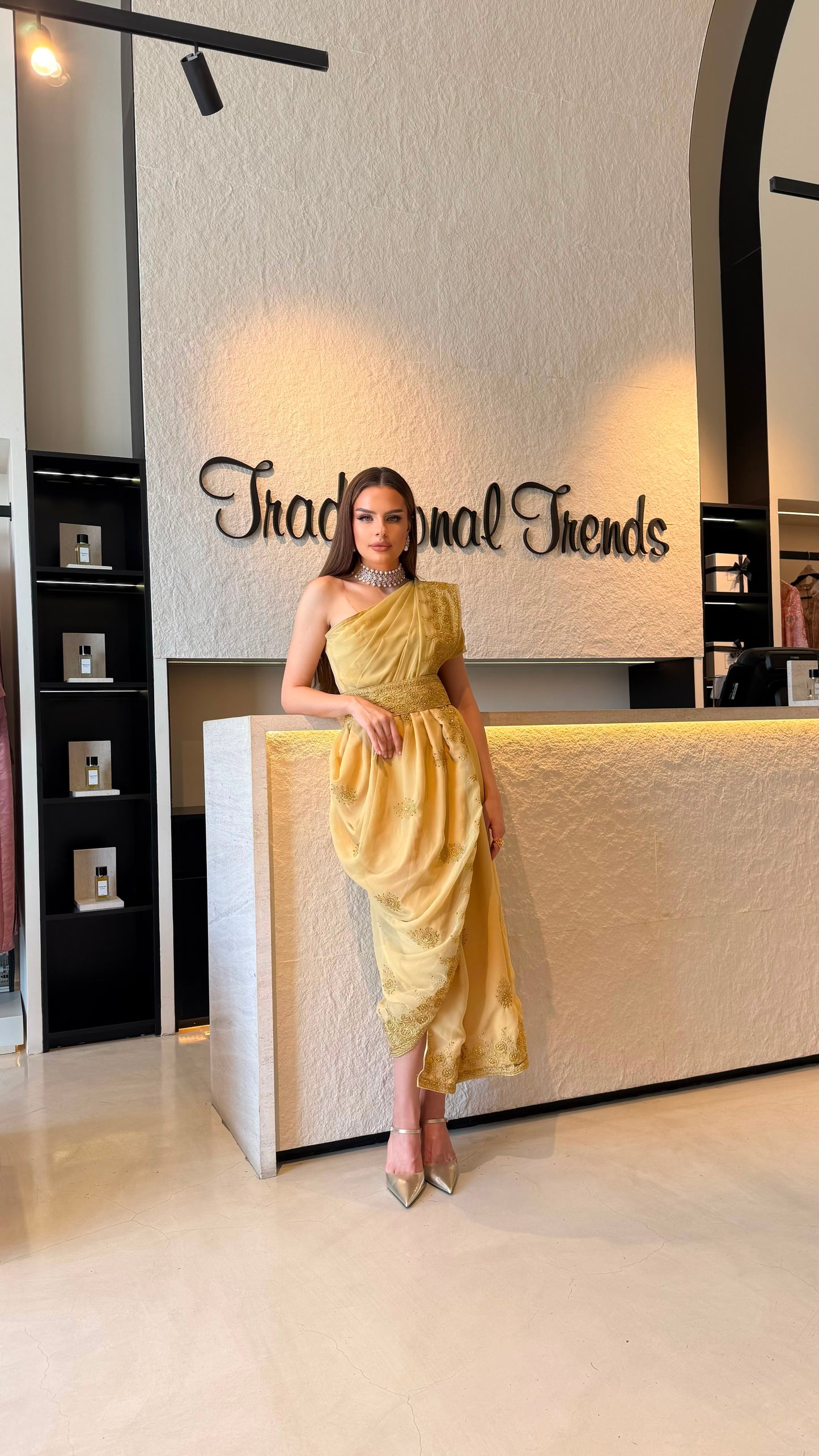 Draped one shoulder Jelwa Dress- Caramel