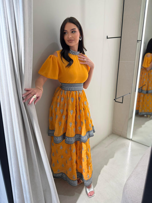 Off shoulders/ Double Layers Jelwa Dress- Mustard