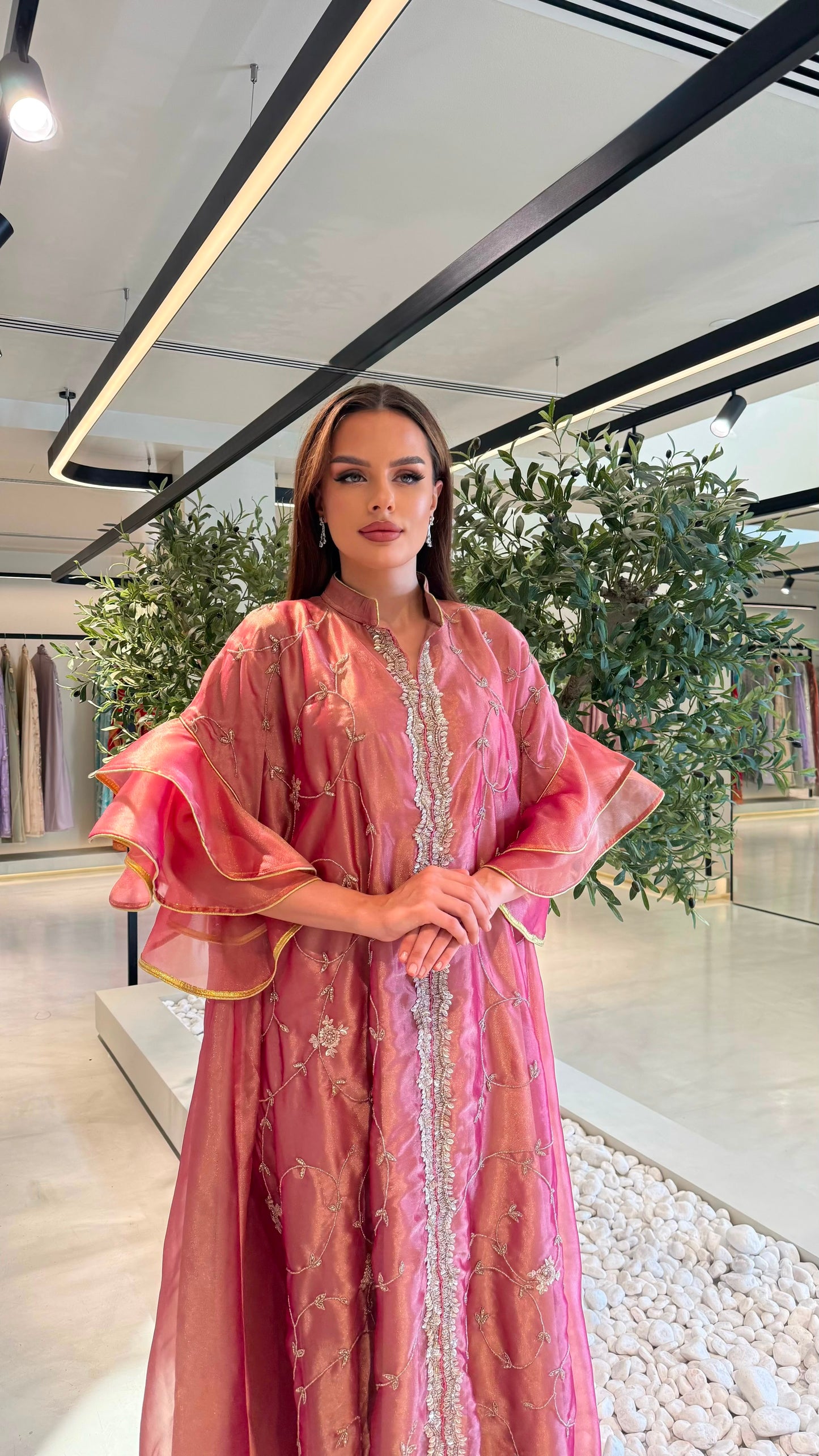 Ruffles Sleeves Jelwa kaftan -Rose