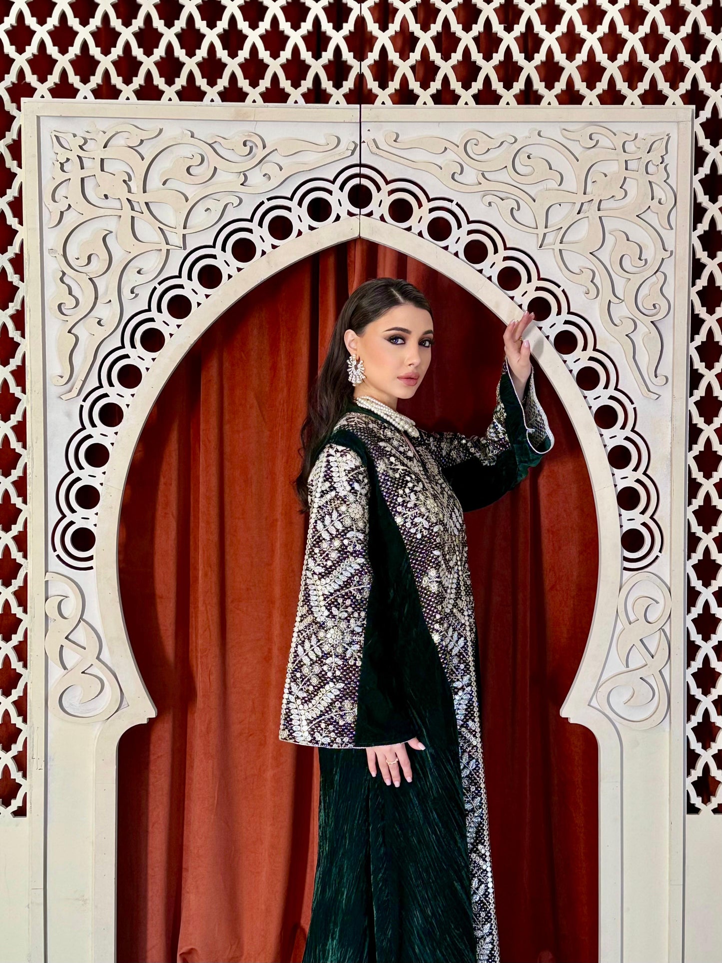 Velvet Embroidery Kaftan - Dark Green