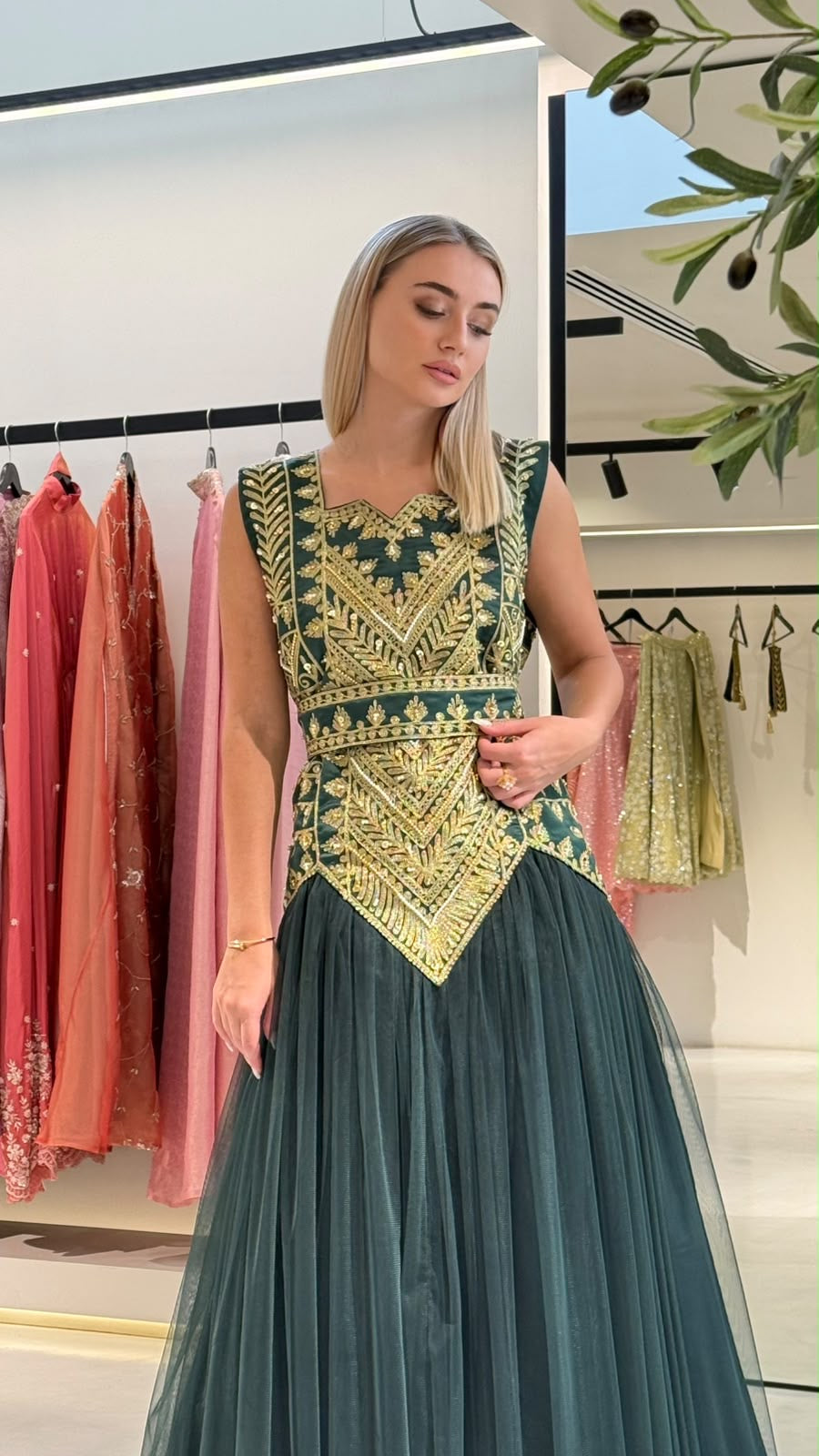 Nashel Jelwa Geometrical Dress X Tulle-Dark Green