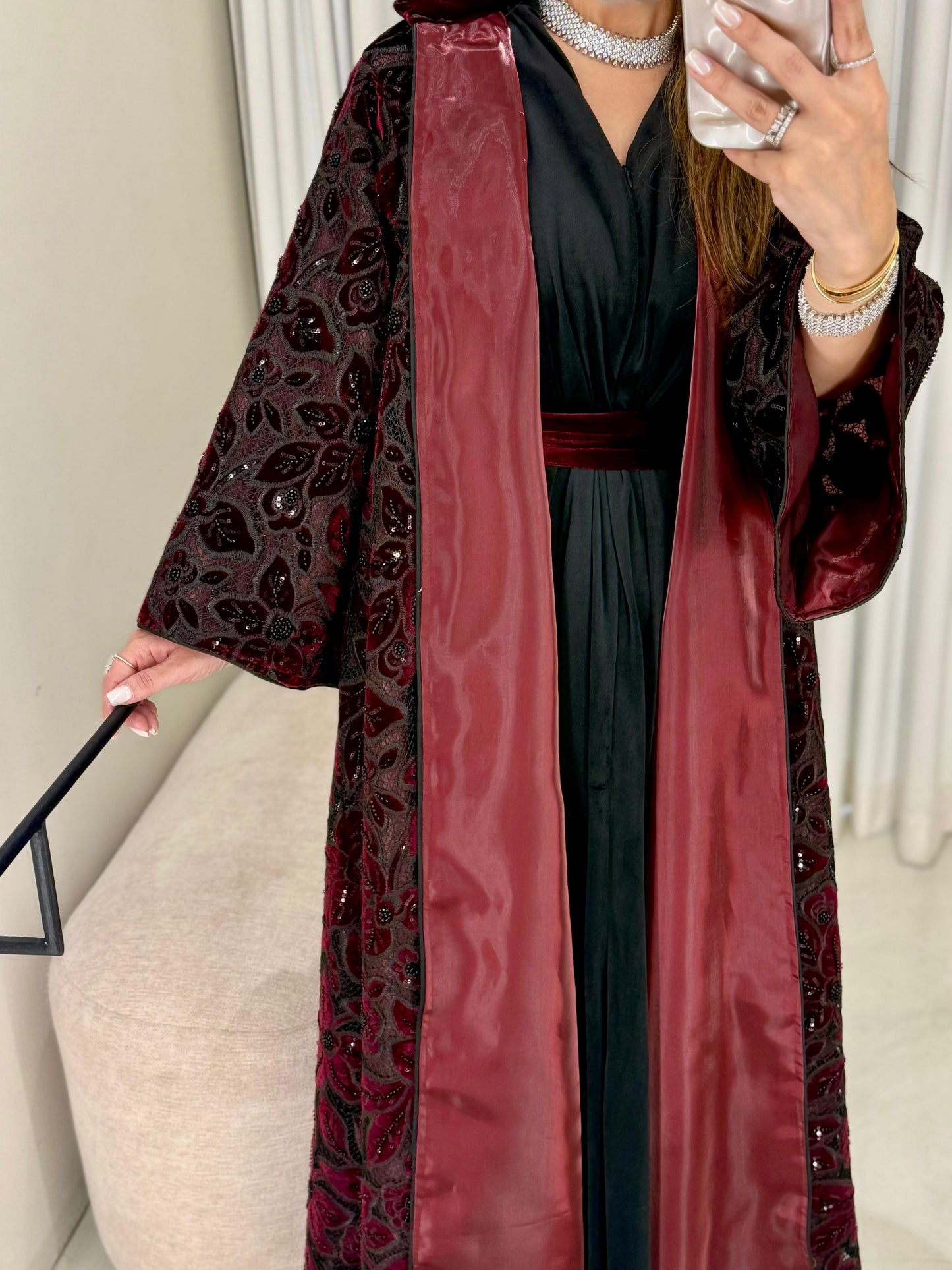 Velvet Bisht - Black x Maroon x cutouts & Embellishments