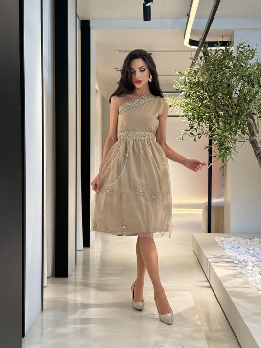 One shoulder Short Tulle Jelwa Dress-Beige