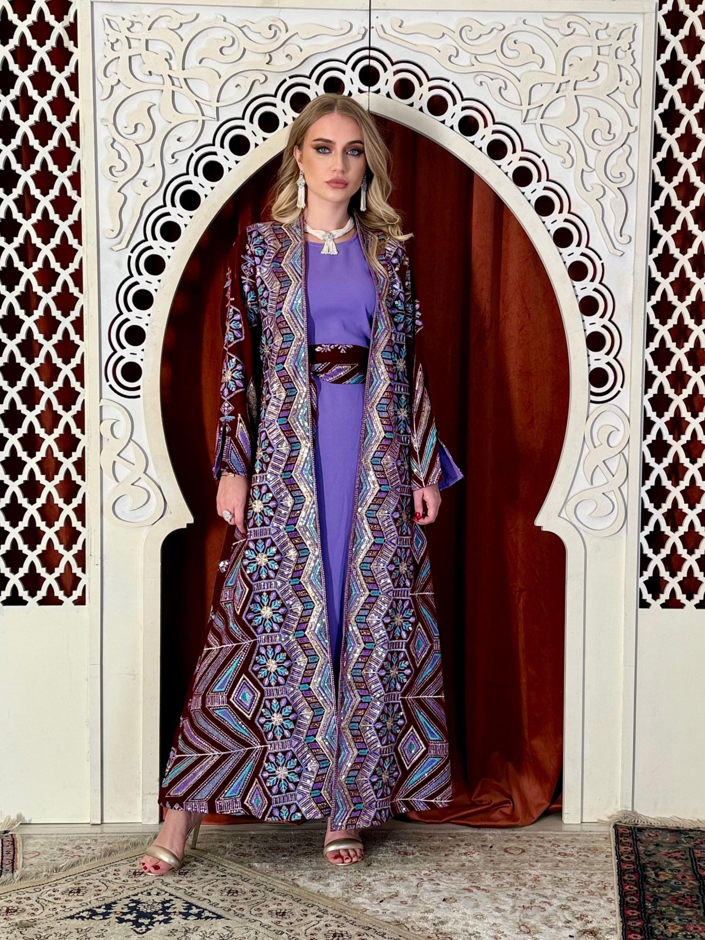 Velvet Dagla Set Kaftan -Maroon x Purple