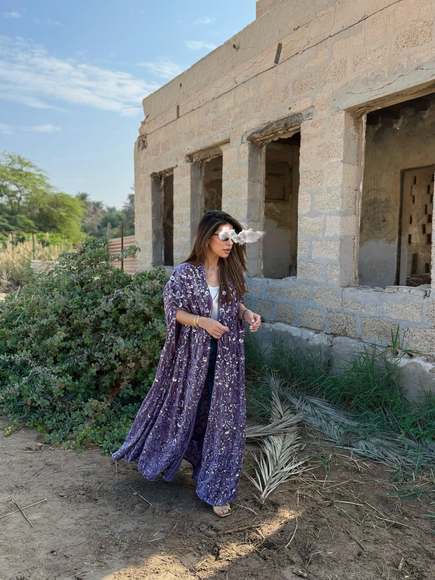 Cape Velvet Bisht-Purple x Embellishments