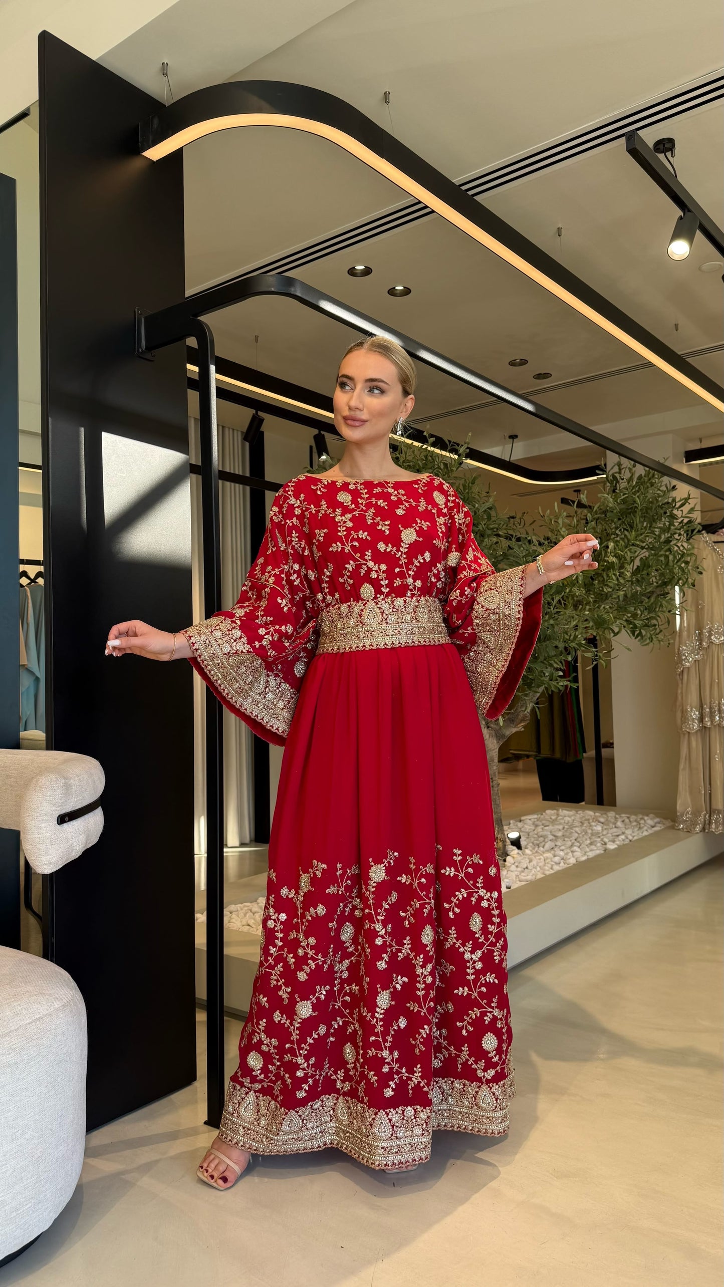 Long Sleeves Jelwa Dress -Red