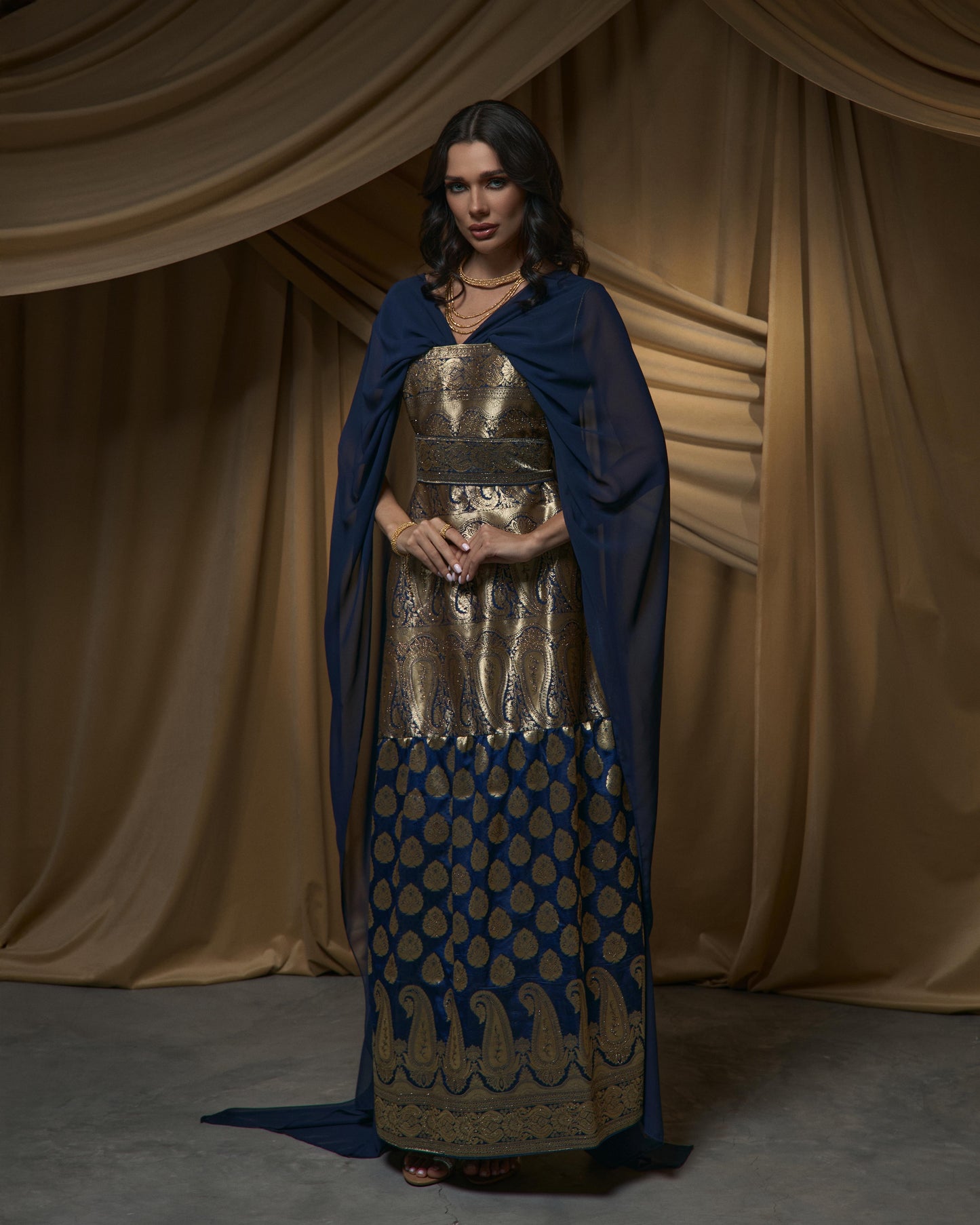 Brocade Dress - Navy Blue x Gold
