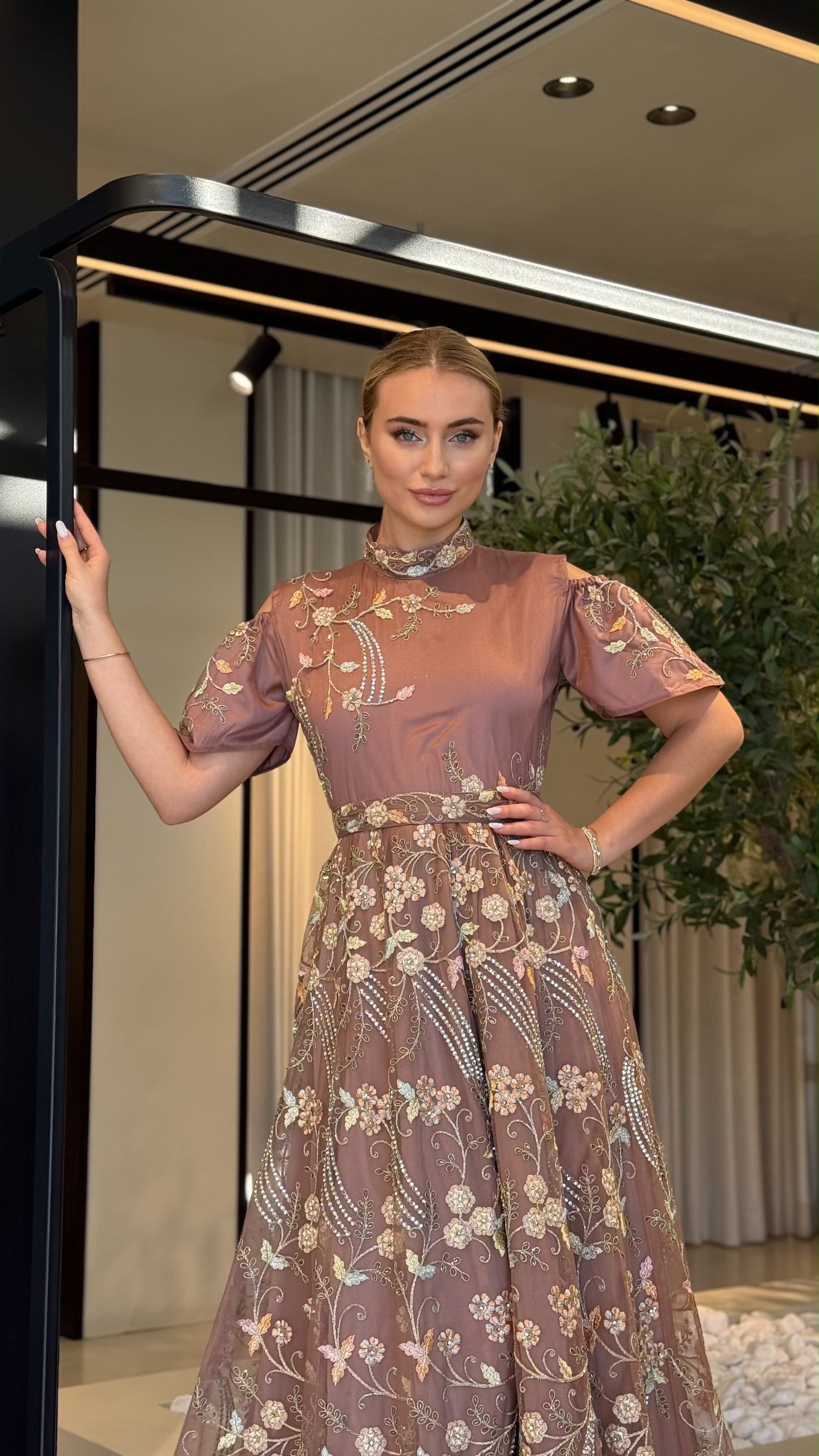 long fully embellished Jelwa Dress bridal-Mocha