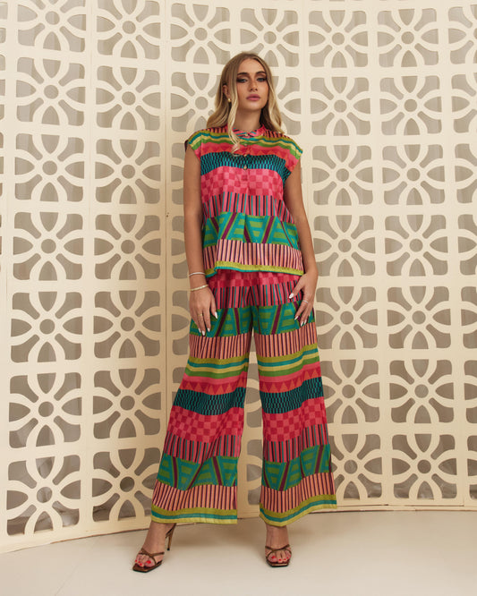 Tribal Printed Organza Co-ord - Short sleeves