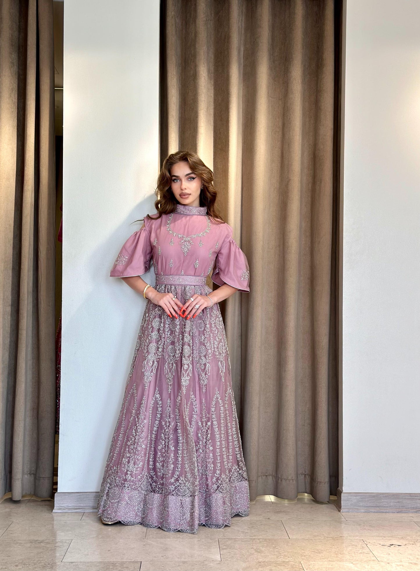 Bridal Ruffles sleeves Jelwa Dress-powder Pink