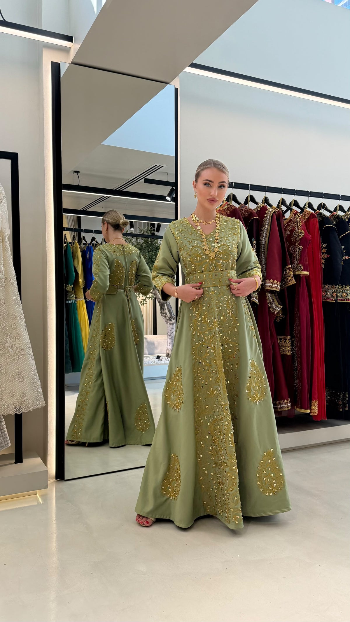 Nashel Jelwa Sattan Dress- Moss Green x pearls embellishment