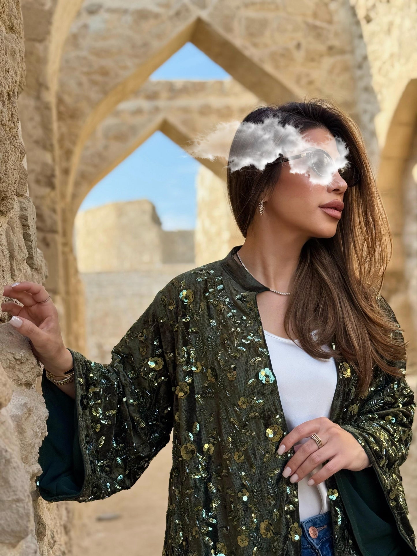 Velvet Bisht -Olive x Embellishments