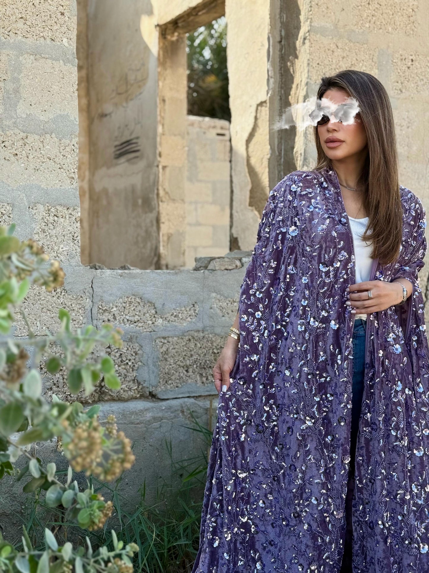 Cape Velvet Bisht-Purple x Embellishments