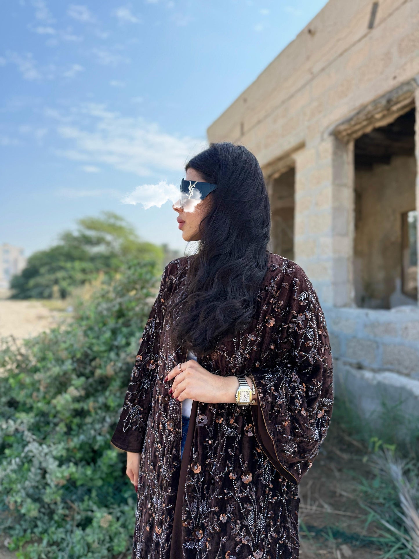 Velvet Bisht -Brown x Embellishments