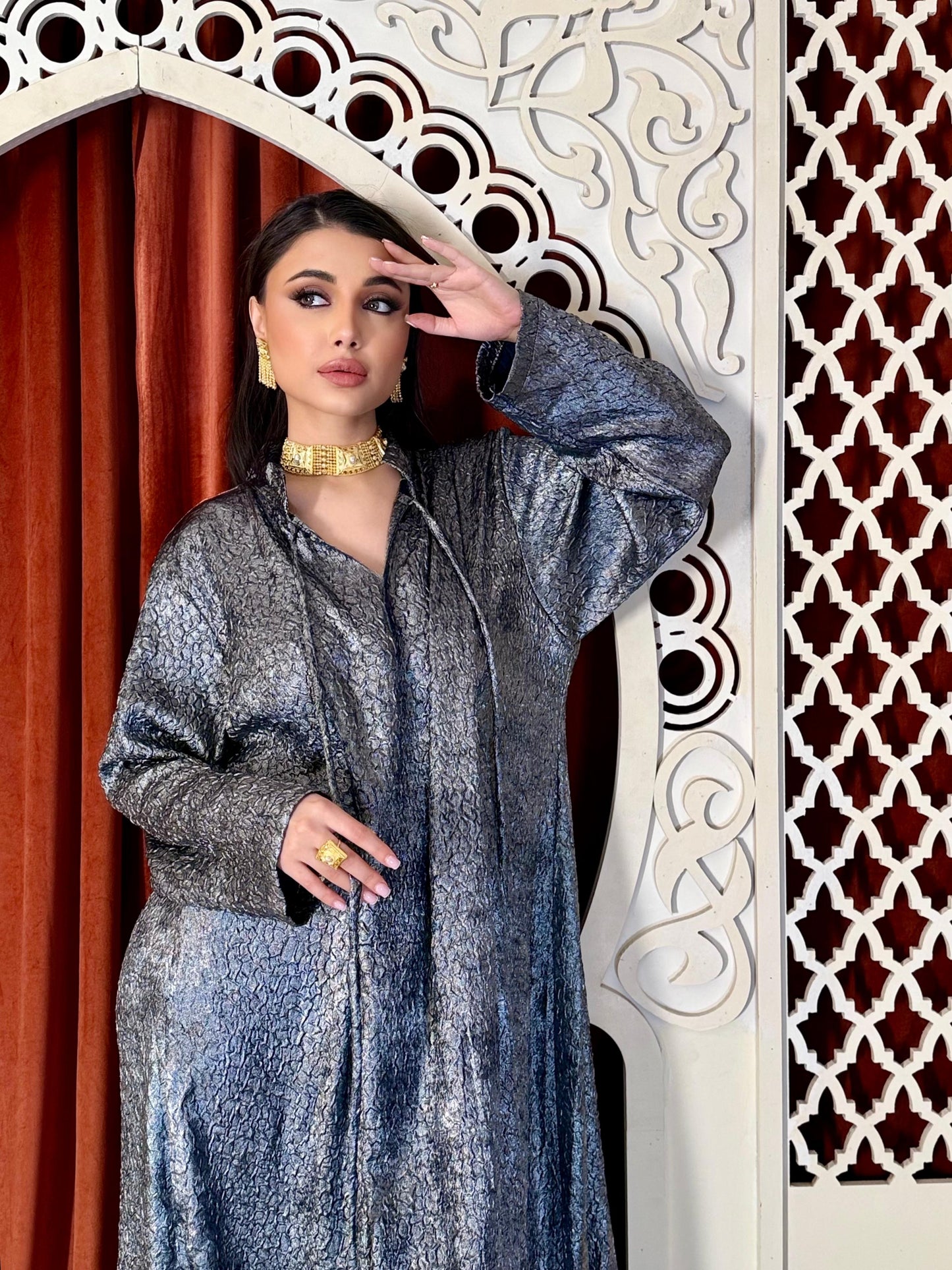 Brocade flowy Kaftan  -metallic blue