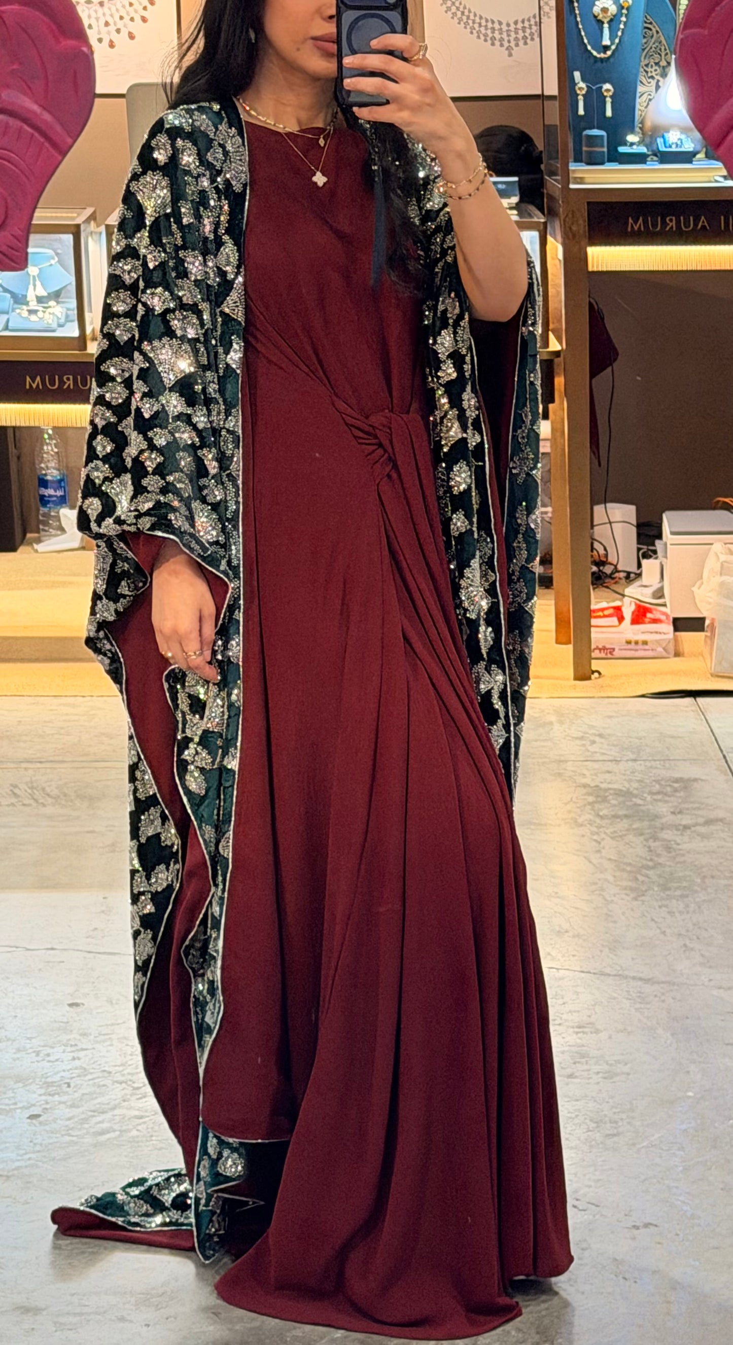 Velvet Poncho - Green x Maroon x silver Embellishments