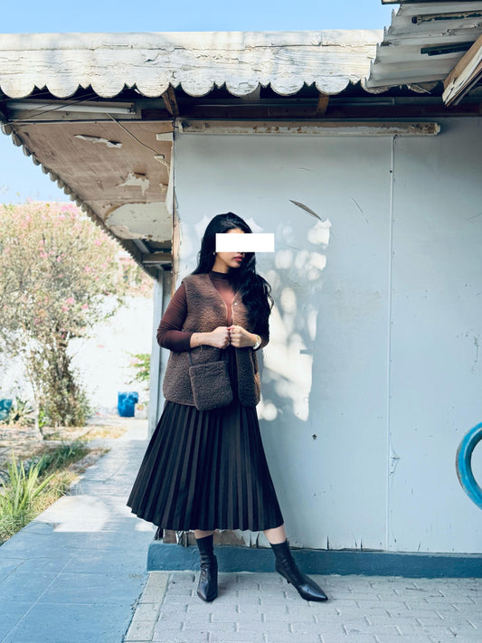 Winter Dress set - Midi x Vest x cross bag -Brown