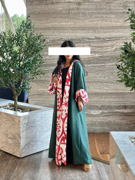 Velvet Winter Hoodie Bisht- Emerald x Red