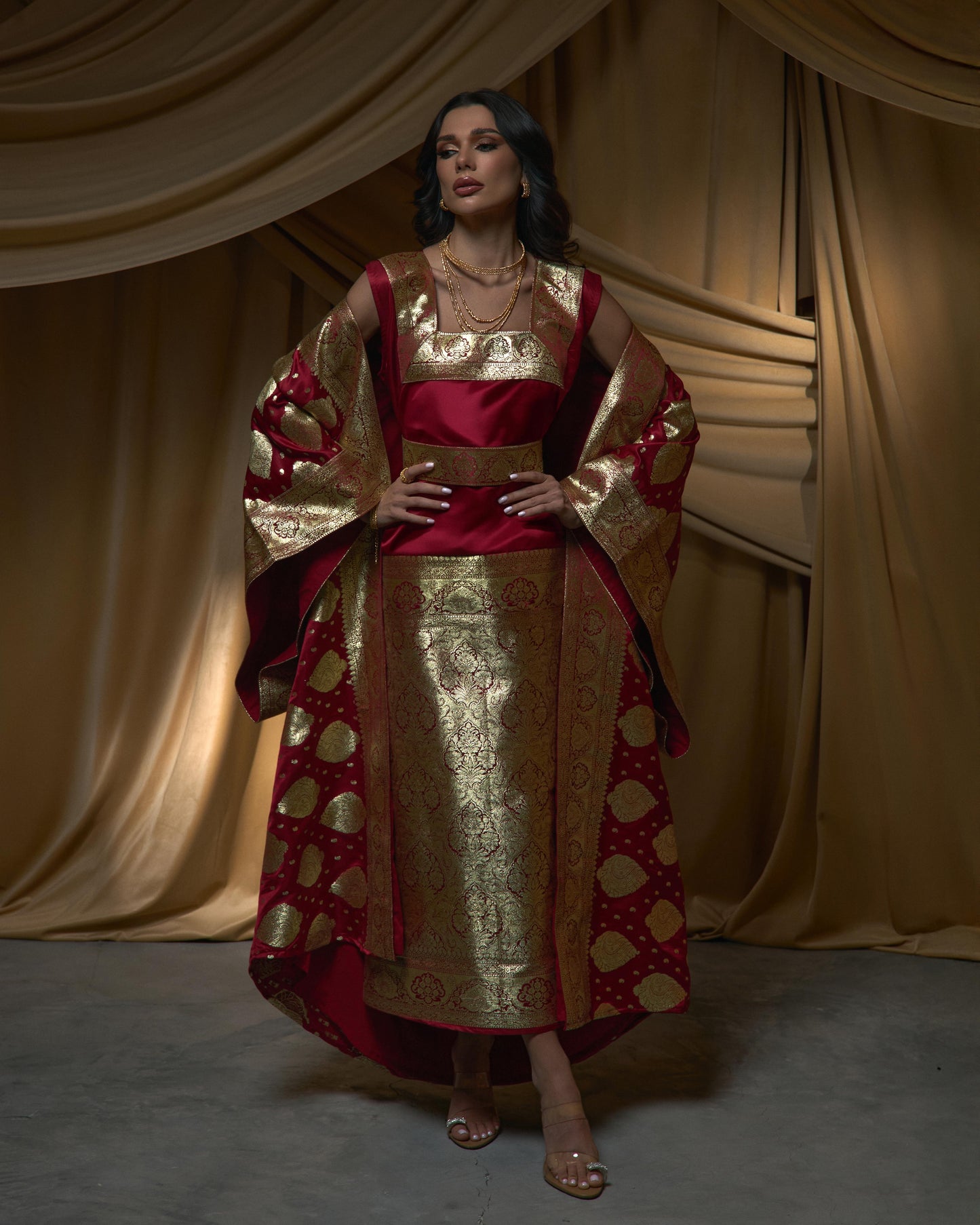 Teo Piece Brocade Bisht/ Dress - Red x Gold